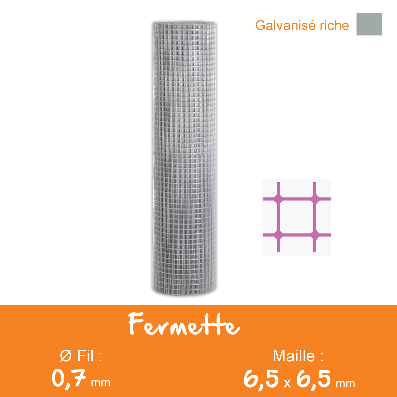 Fermette Galvanisée Maille 6,5x6,5mm Ø0,7mm Ht.1m00 Lg.25ml